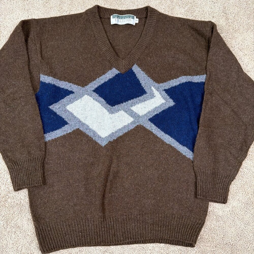 Private Collection Sweater Womens M Brown Blue Geometric Vintage Shetland Wool